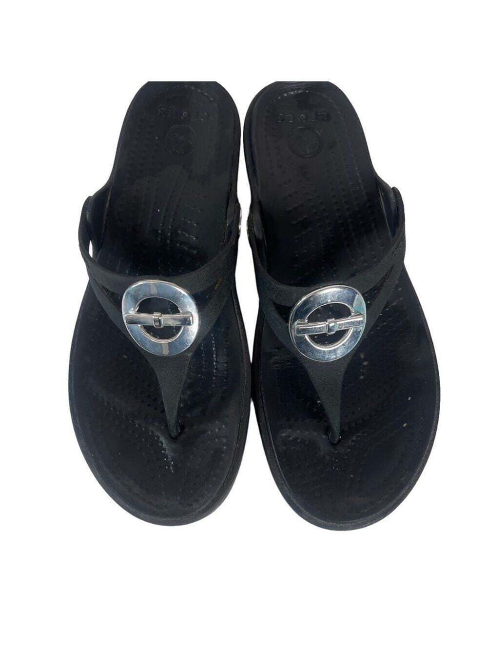 Crocs Sanrah Low Wedge Sandals Black Comfort Slip On Casual Shoes 5